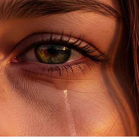 A right eye with a tear rolling down the face