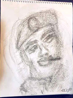 "Spirit Art" a "Spirit Portrait Drawing" completed in 2018 for a client. A spirit channeled “Spirit Portrait Drawing” by Eileen, a charcoal picture of a man wearing a beret with a cigarette in his mouth.